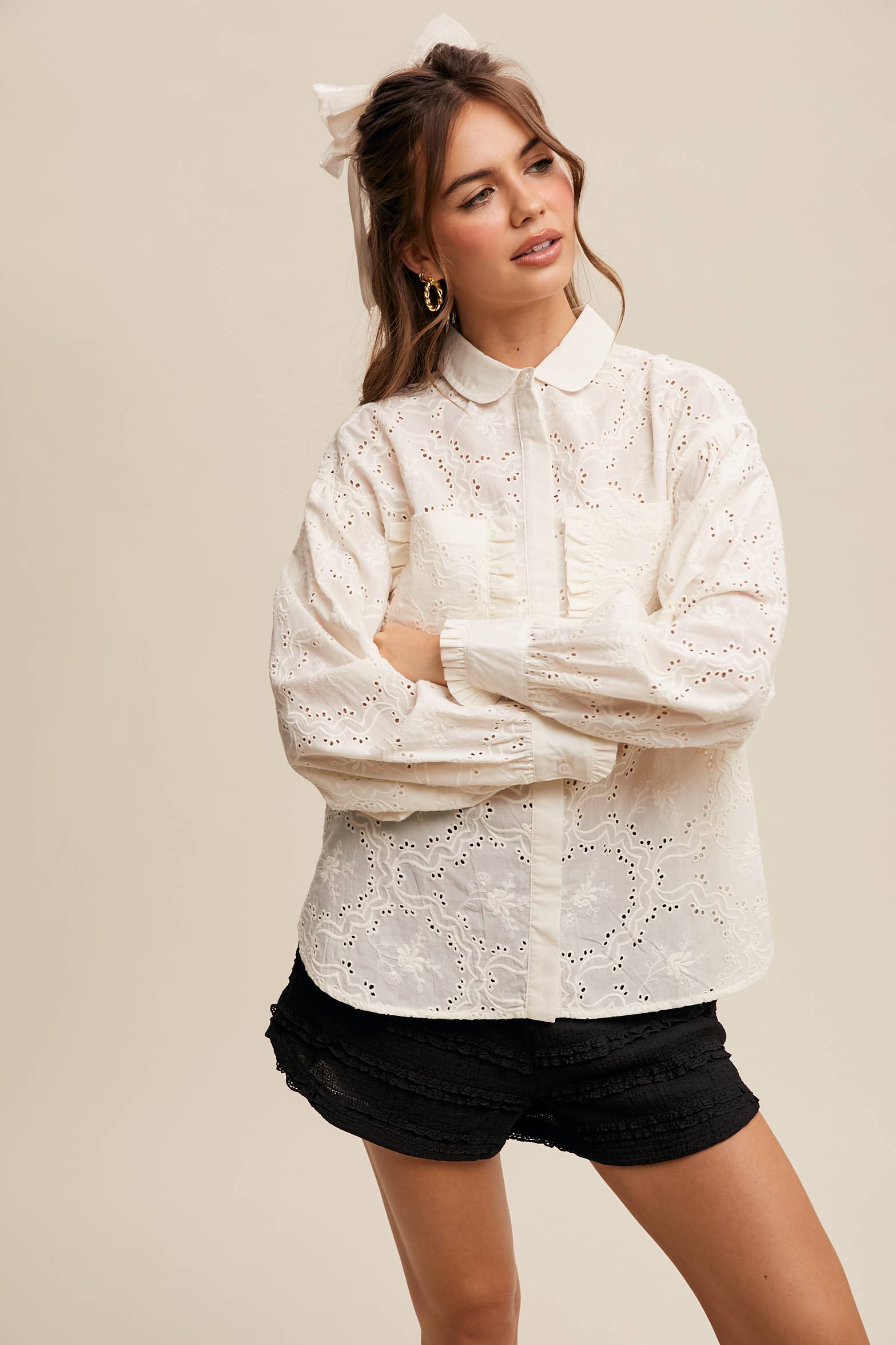 Eyelet Ruffle Pocket Button-Up Blouse Off White