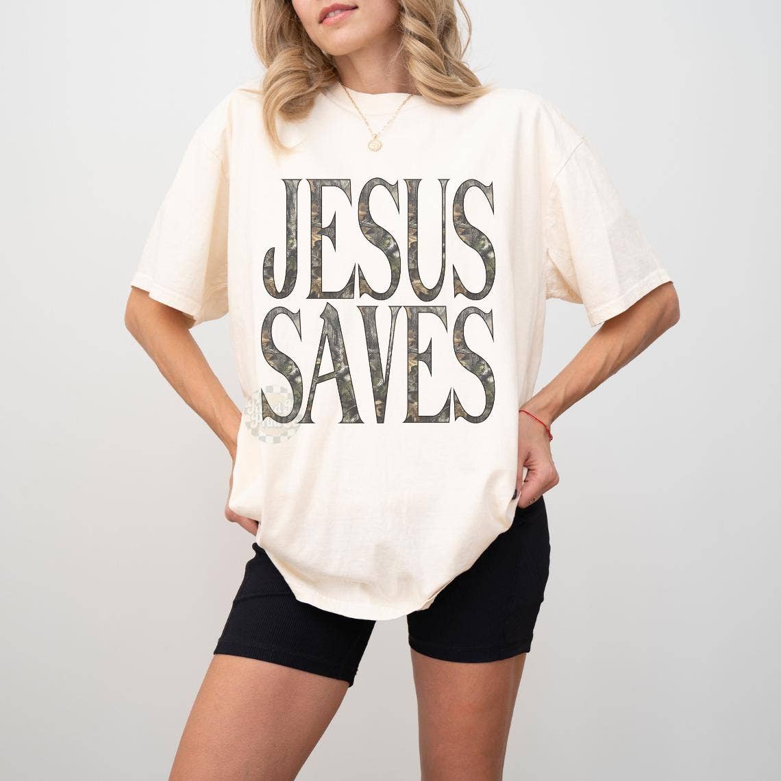 Comfort Colors Camo Jesus Saves Shirt, Ivory