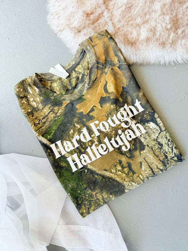 Hard Fought Hallelujah Camo Puff Graphic Tee Shirt: Camouflage / SM