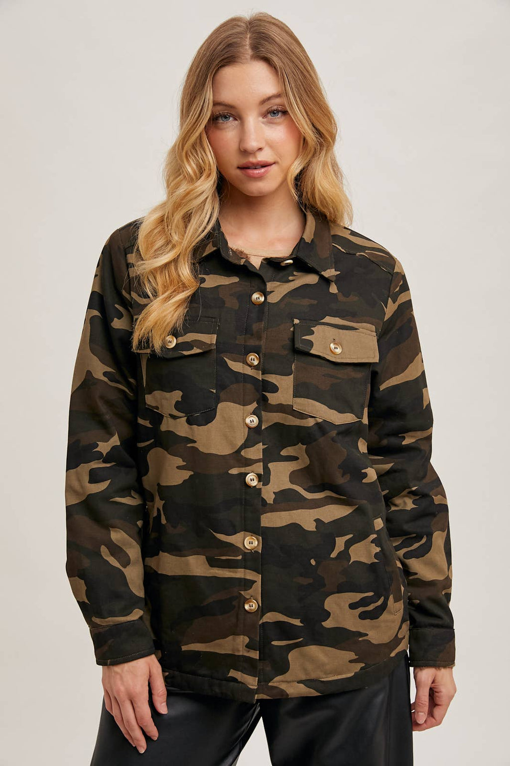 BUTTON DOWN CAMO PRINT SHERPA INNER JACKET OLIVE COMBO / M