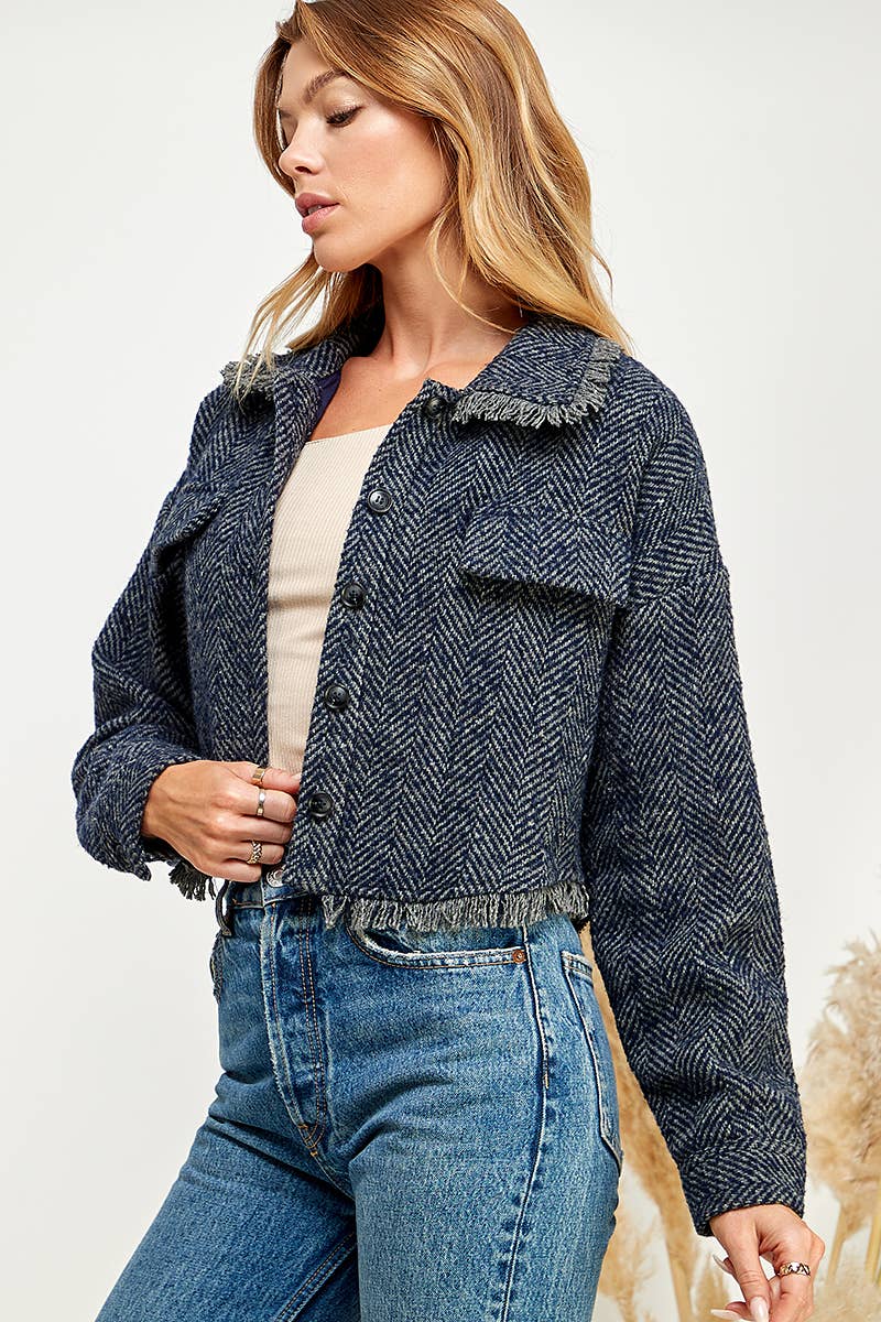 Navy Herringbone Fringe Jacket
