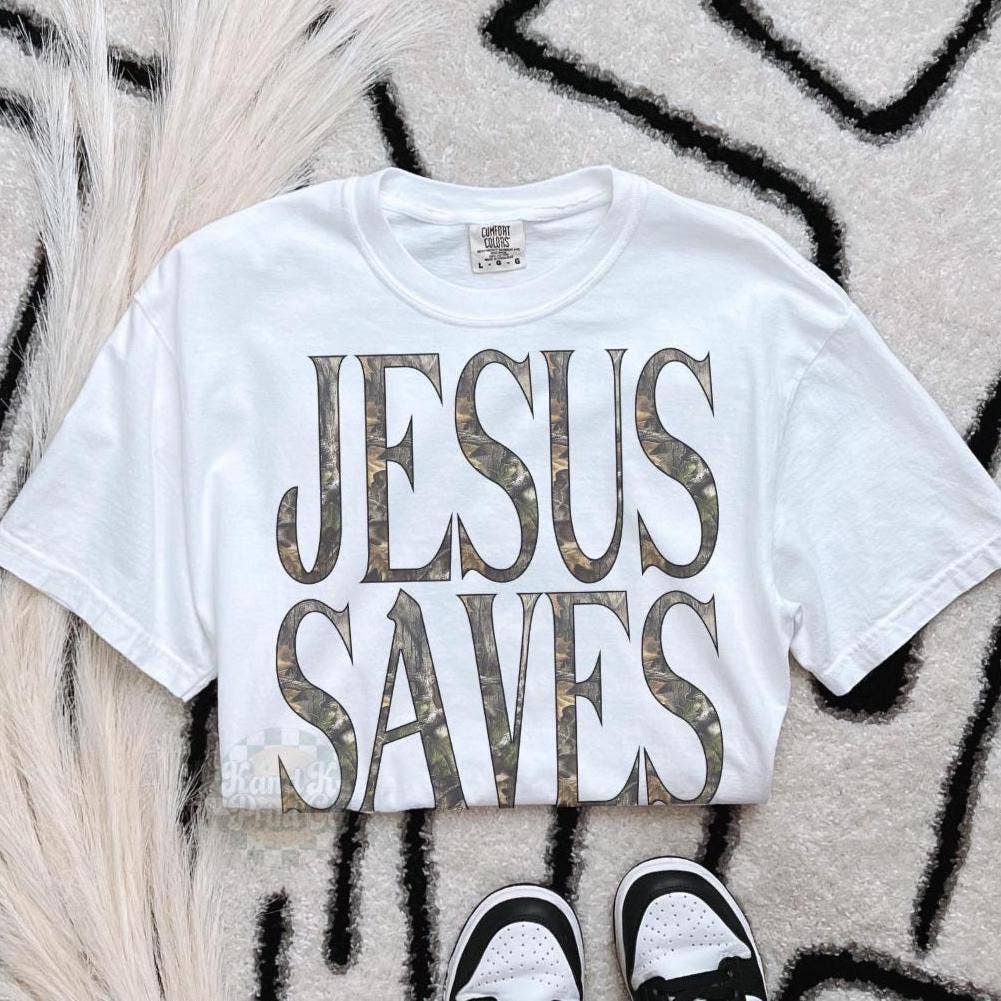 Comfort Colors Camo Jesus Saves Shirt, Christian Sweatshirt: White / XL / Comfort Color T-Shirt