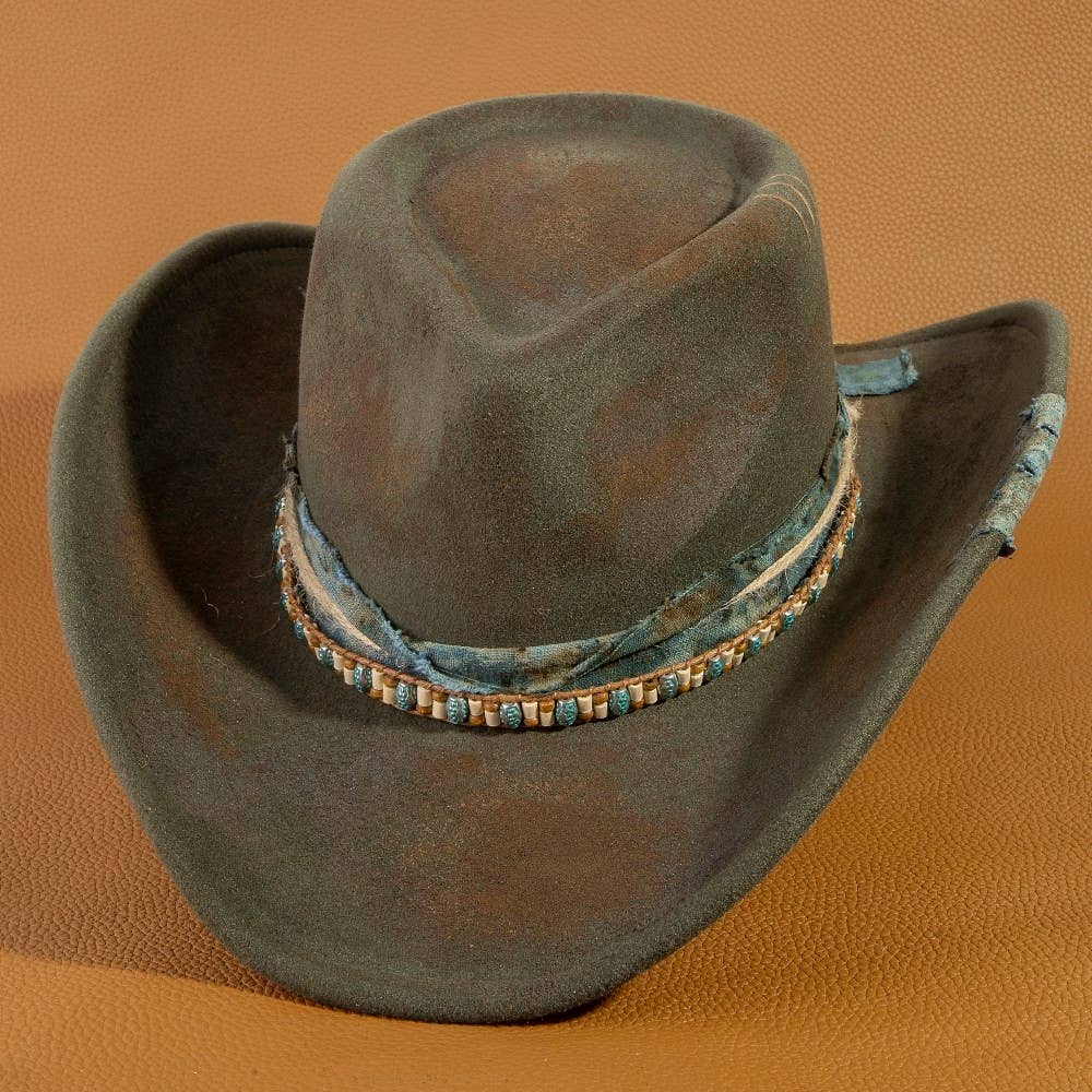 Fabric Beaded Distressed Western Cowboy Hat