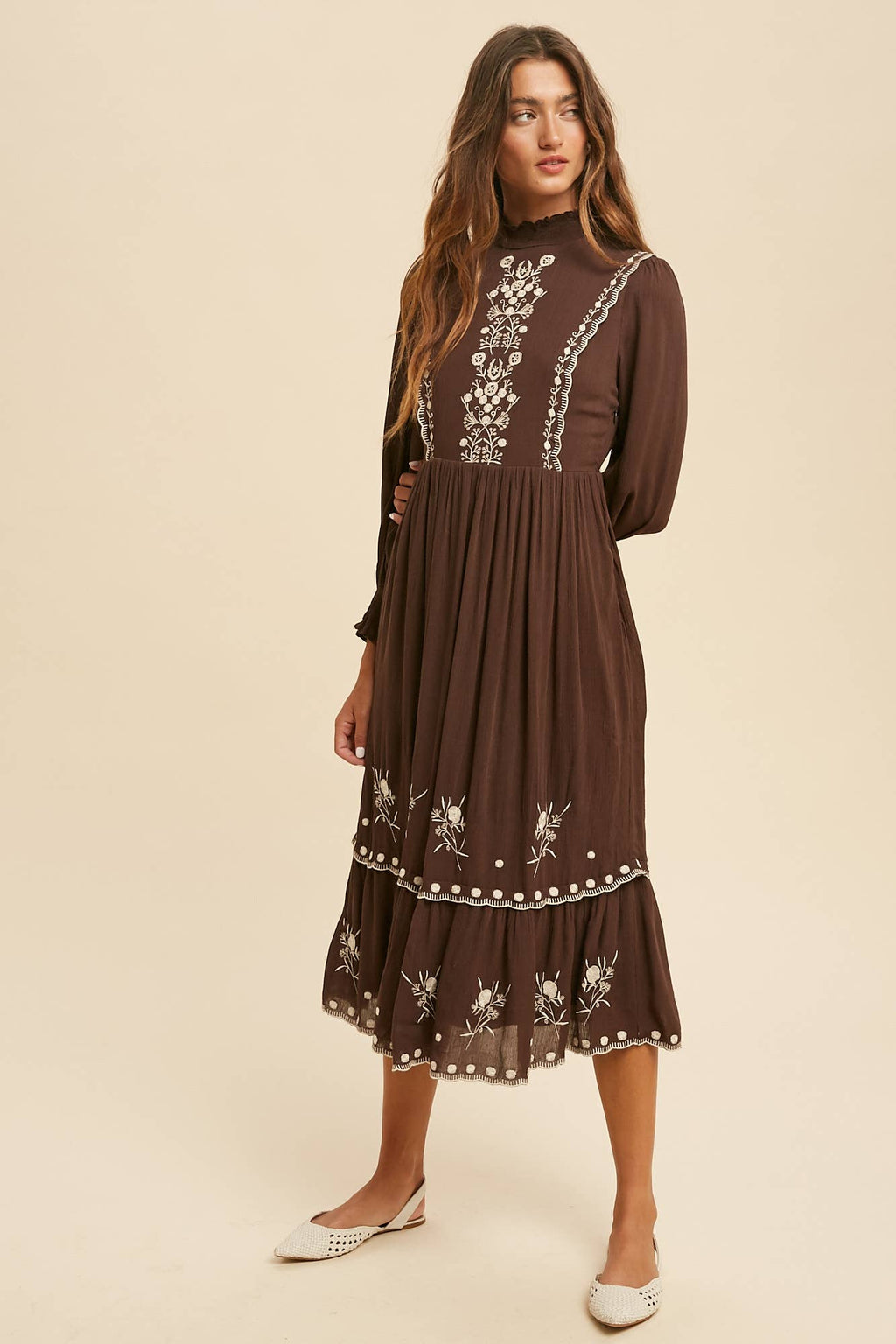 SMOCKED NECK EMBROIDERED MIDI DRESS