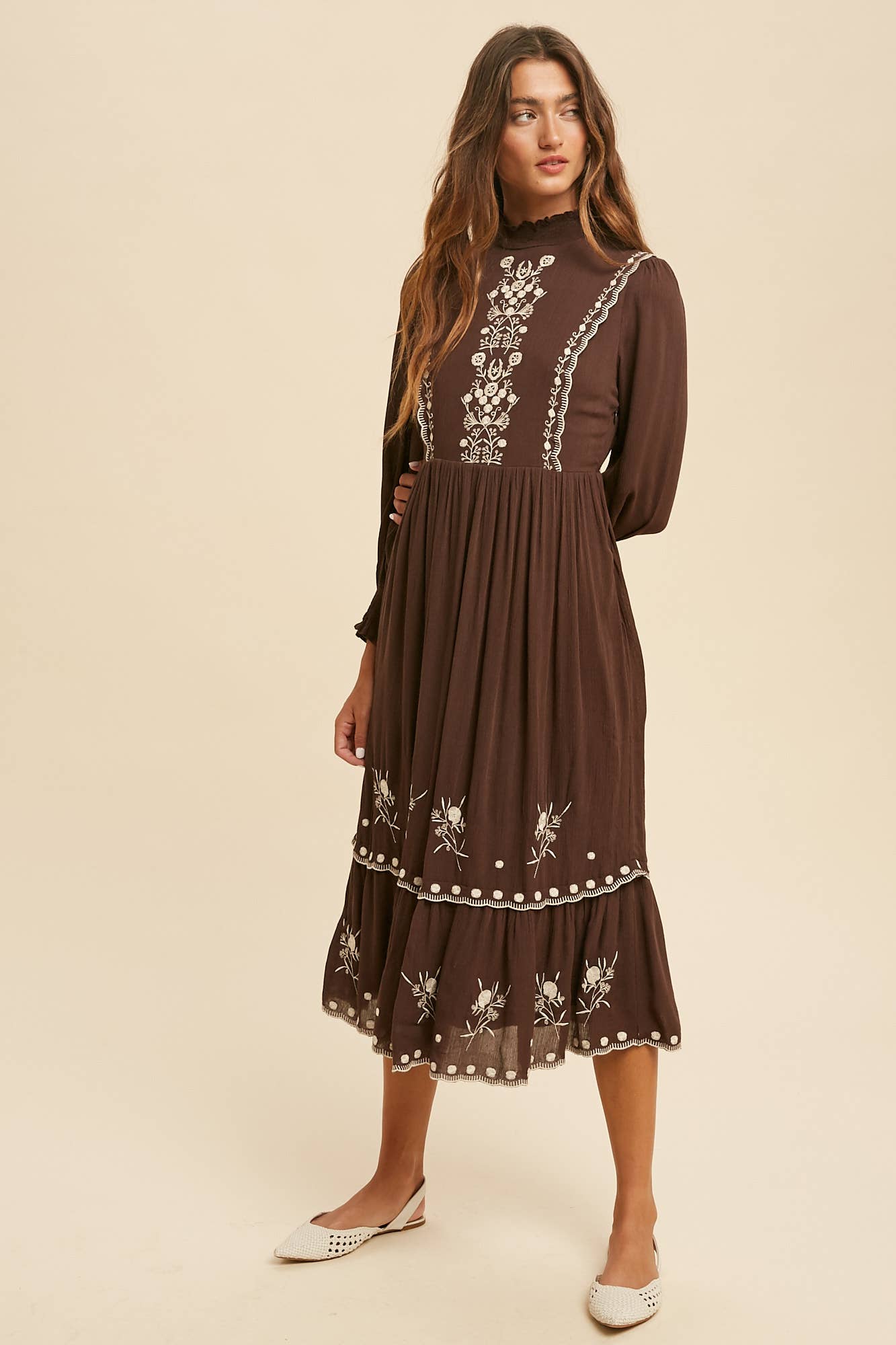SMOCKED NECK EMBROIDERED MIDI DRESS
