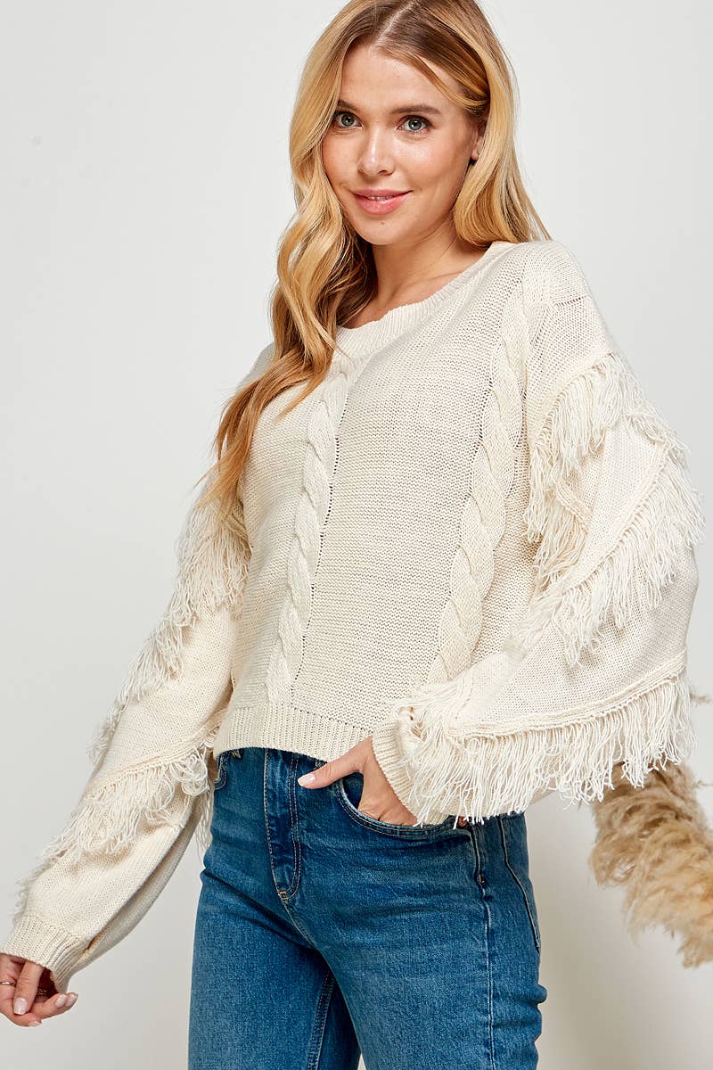 Urban Fringe Sleeve Cable Knit Sweater: Cream