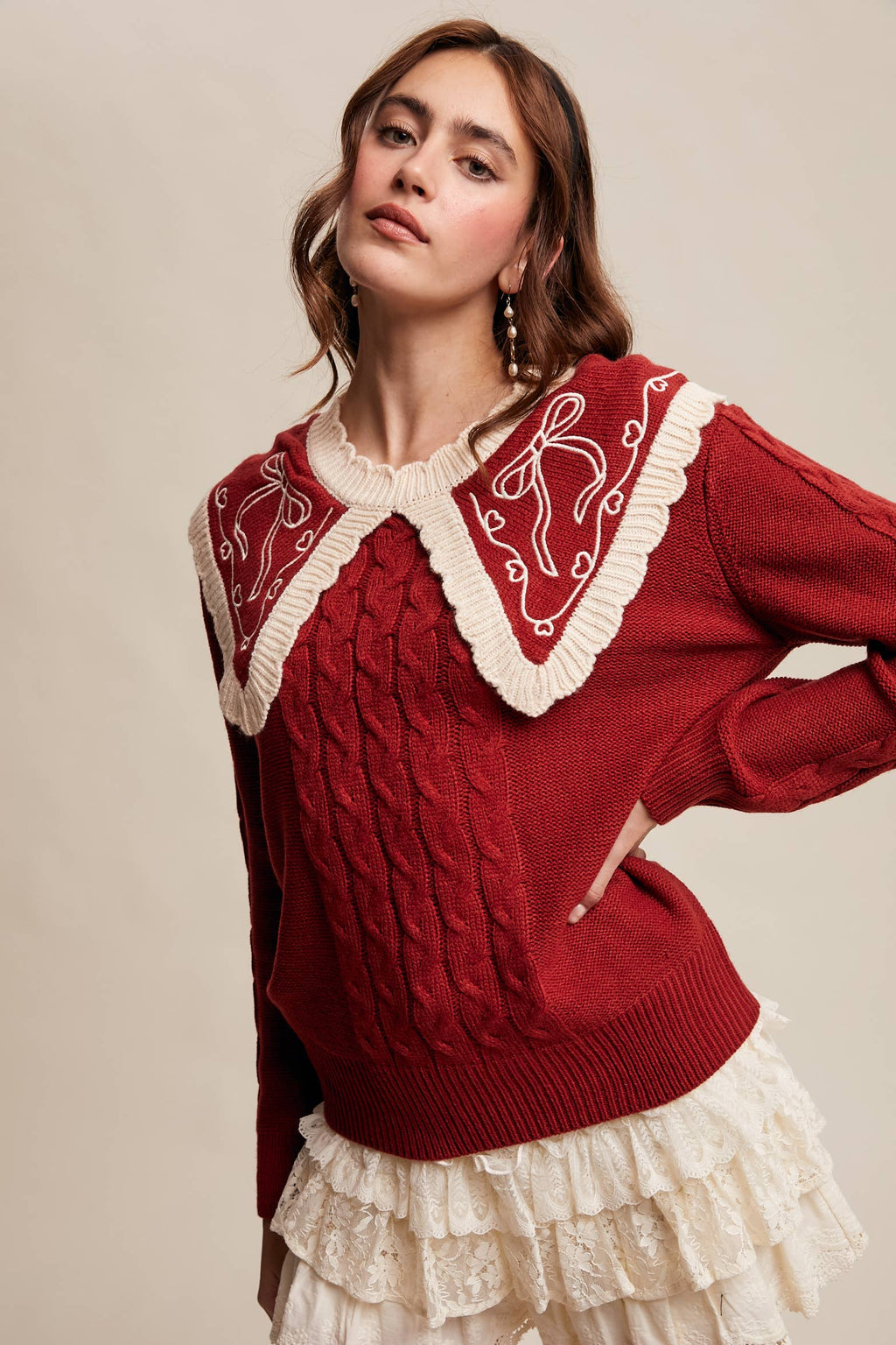 Bow Embroidered Cable Knit Sweater, Burgundy