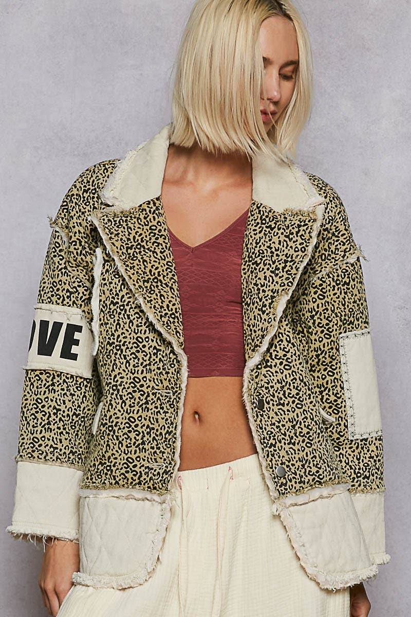 Colorblocked twill patch studded back heart jacket: DENIM / S