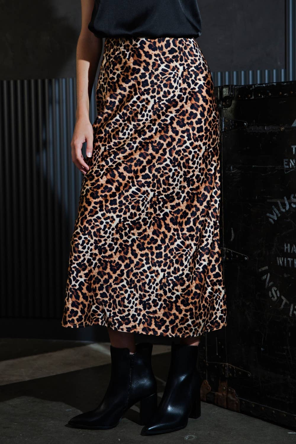 Leopard Print Stretch Satin Midi Skirt
