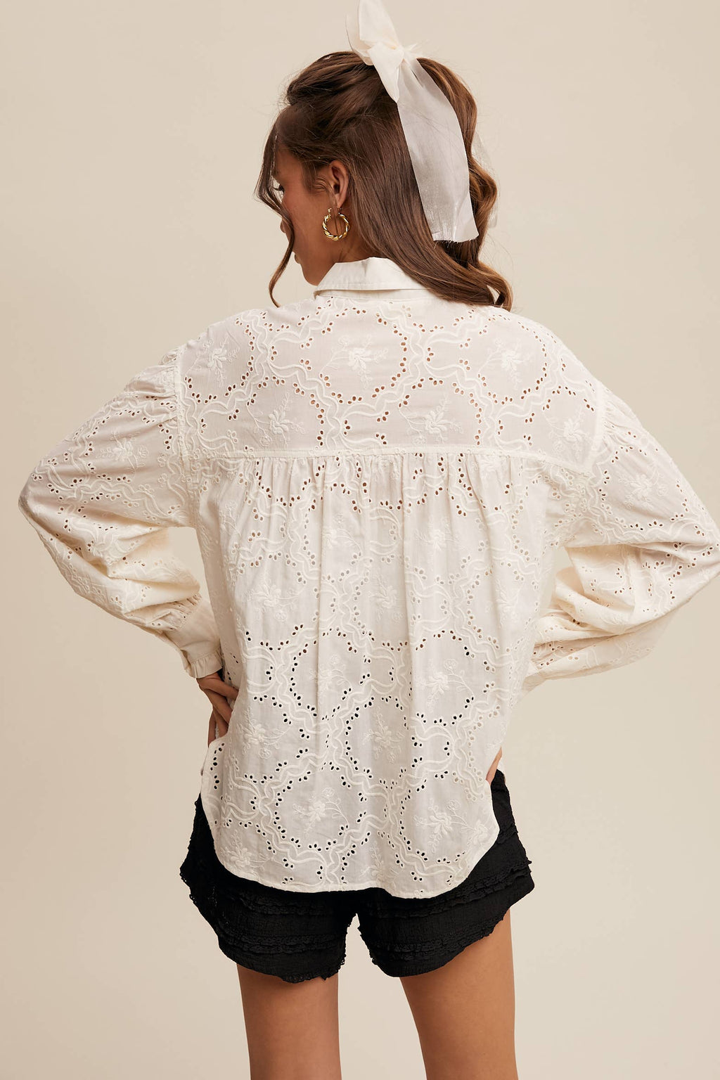 Eyelet Ruffle Pocket Button-Up Blouse Off White