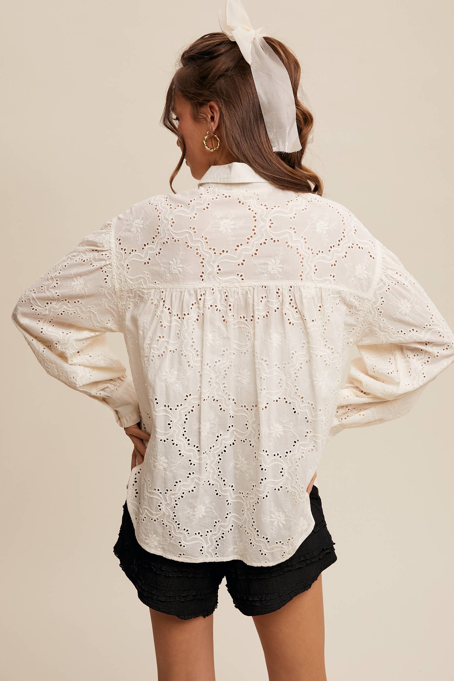Eyelet Ruffle Pocket Button-Up Blouse Off White