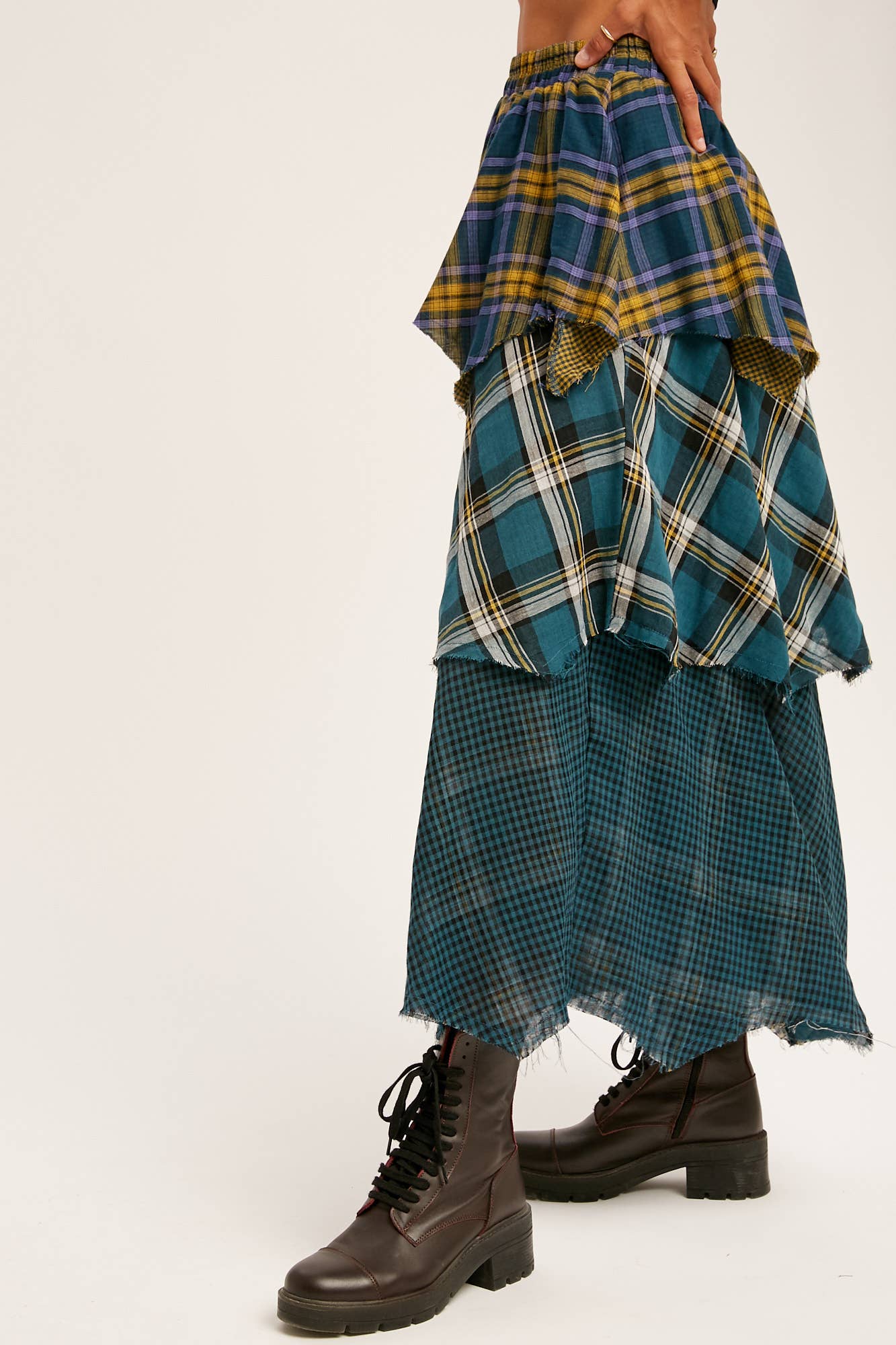 Layered Patchwork Plaid Maxi Skirt