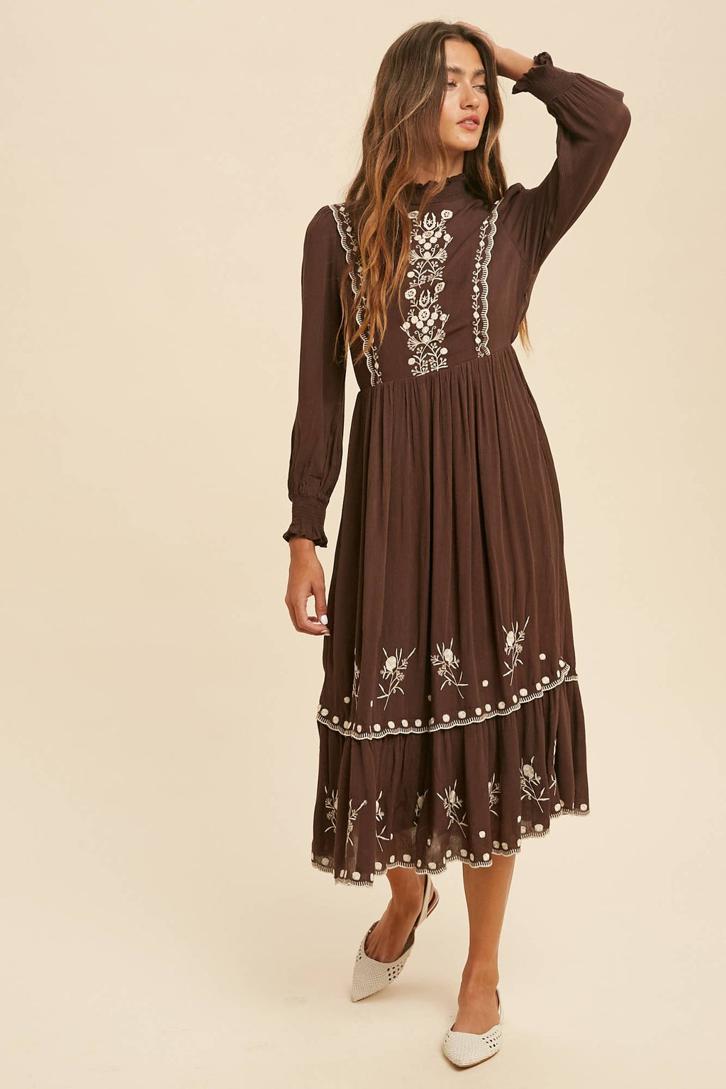 SMOCKED NECK EMBROIDERED MIDI DRESS