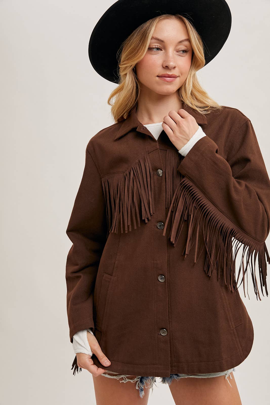 DENIM WESTERN FRINGE BUTTON DOWN JACKET -ESPRESSO / M
