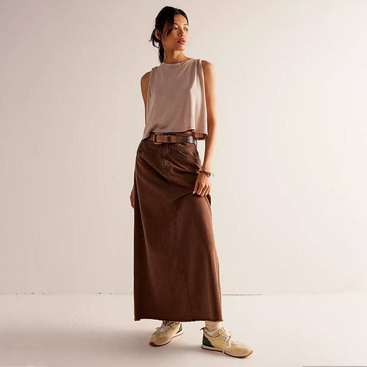 Washed Raw Hem Casual Denim Maxi Skirts Coffee / M