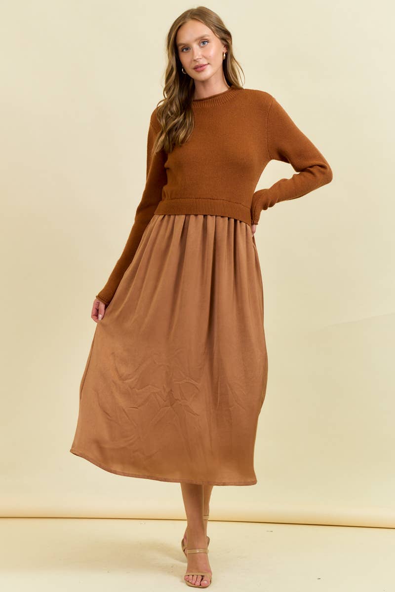 RIBBED TURTLE NECKLINE KNIT MAXI DRESS -MOCHA / M