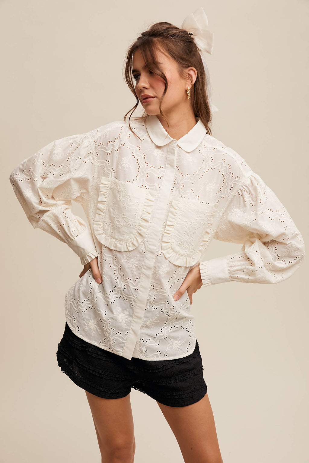Eyelet Ruffle Pocket Button-Up Blouse Off White