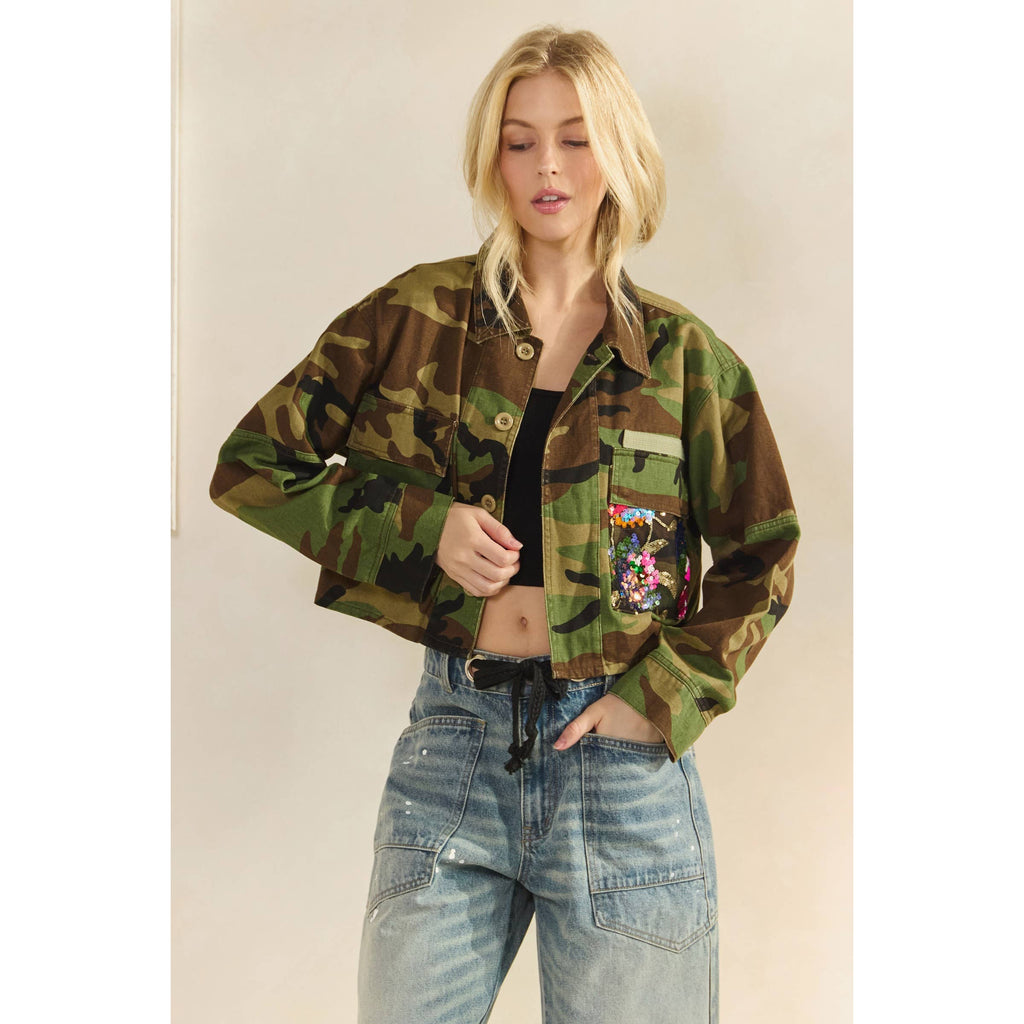 Camo Sequins Contrast Jacket: Camo Floral / S