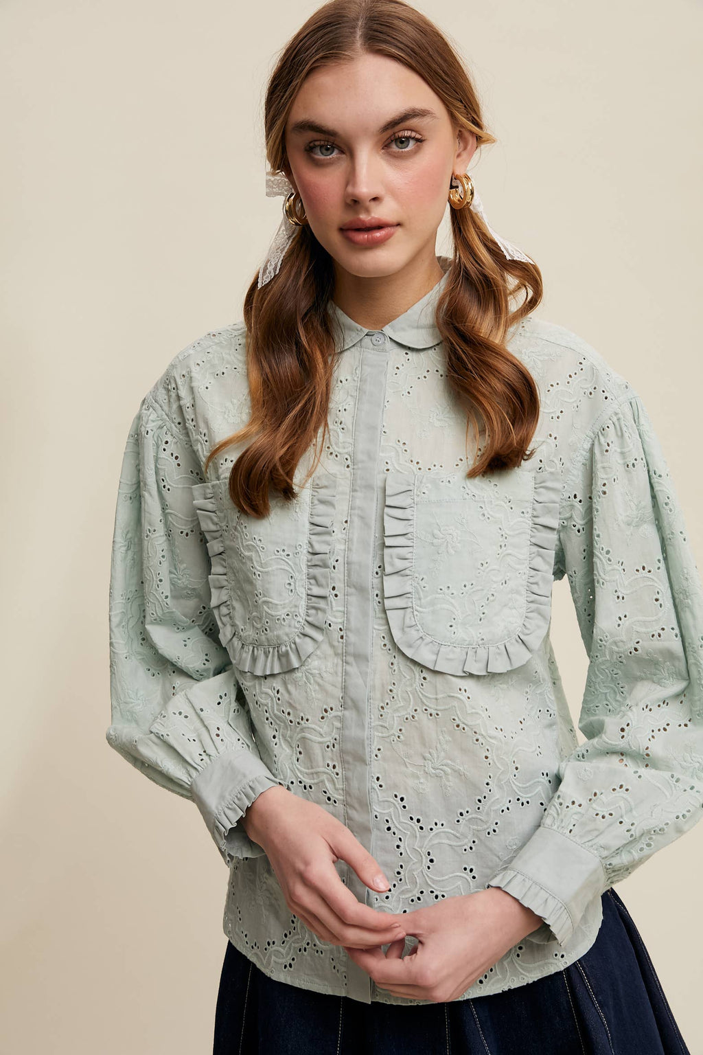 Eyelet Ruffle Pocket Button-Up Blouse Off White