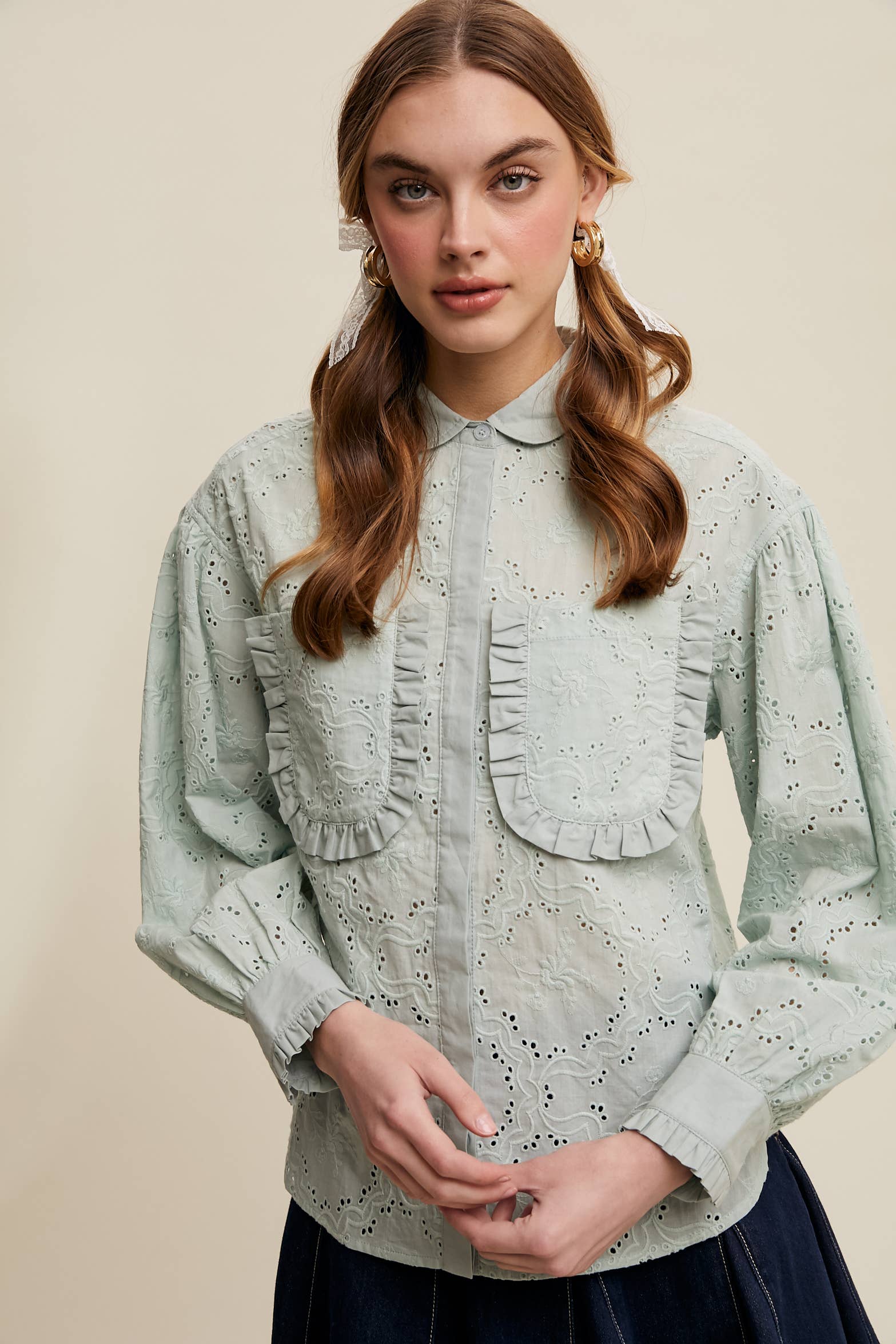 Eyelet Ruffle Pocket Button-Up Blouse Off White