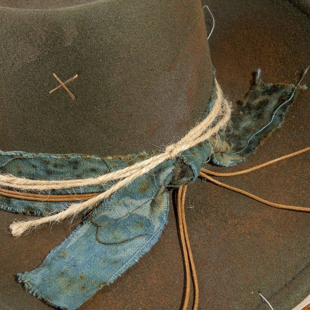 Fabric Beaded Distressed Western Cowboy Hat