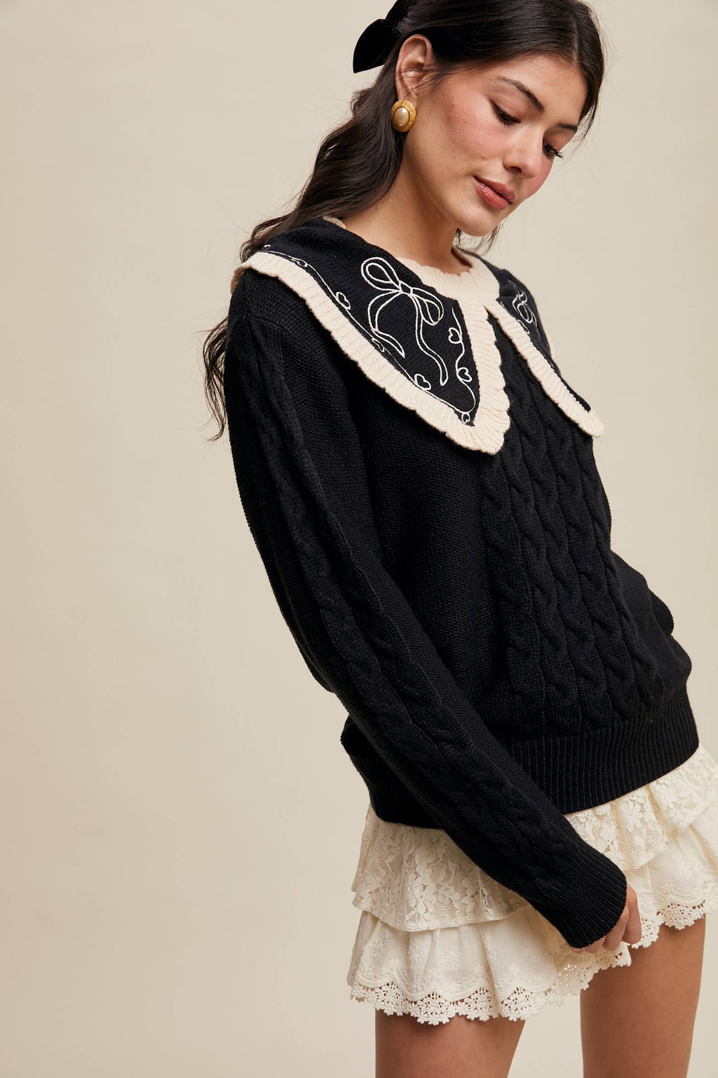 Bow Embroidered Cable Knit Sweater, Burgundy