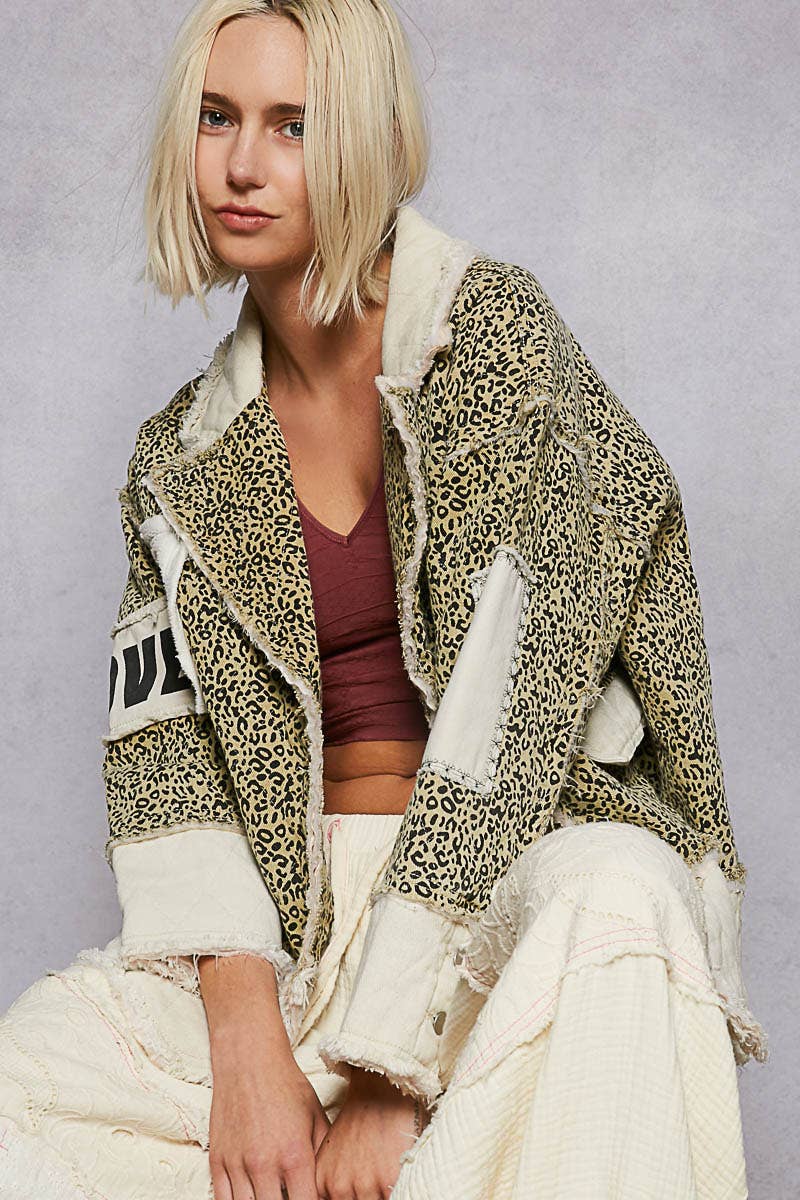 Colorblocked twill patch studded back heart jacket: DENIM / S