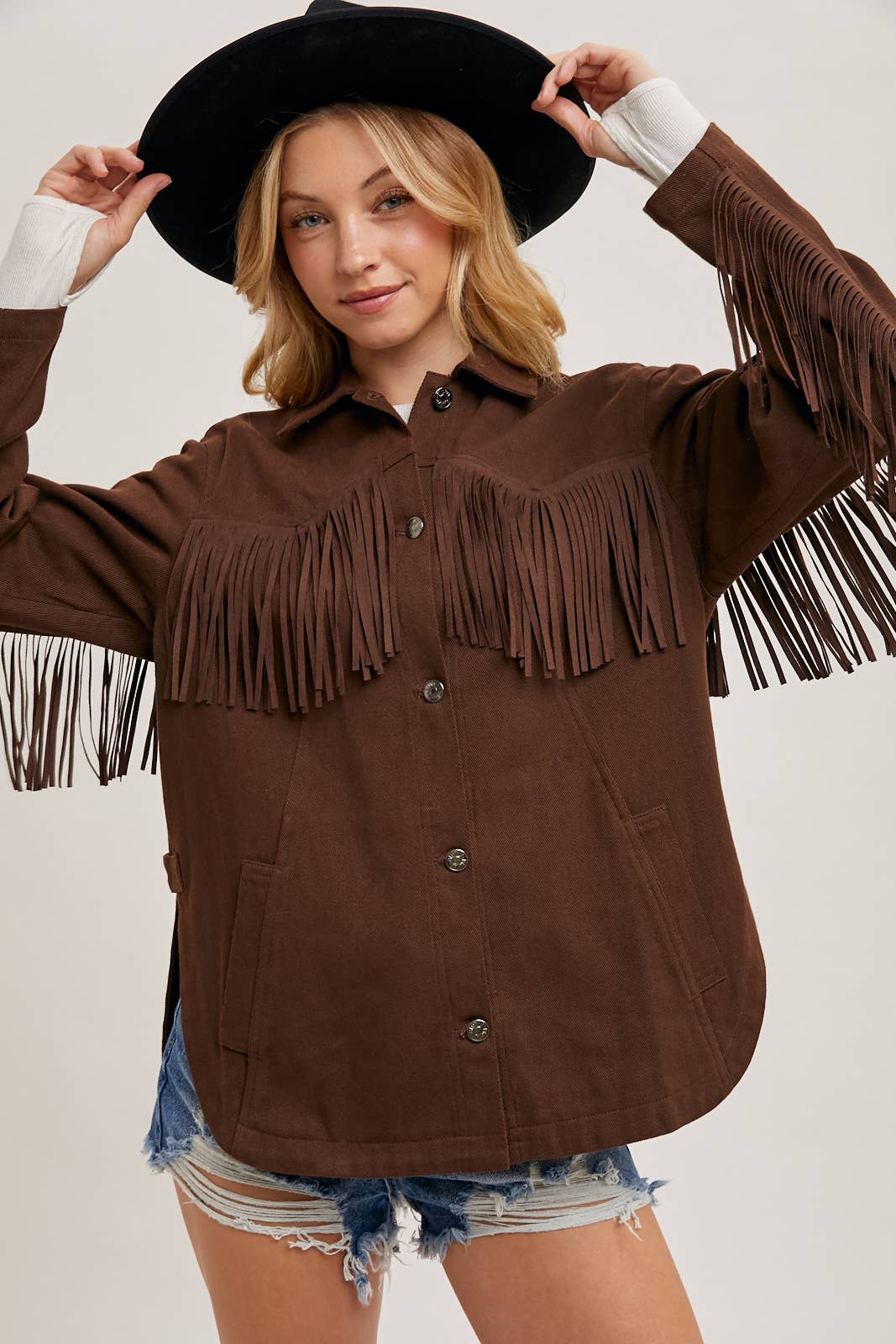 DENIM WESTERN FRINGE BUTTON DOWN JACKET -ESPRESSO / M