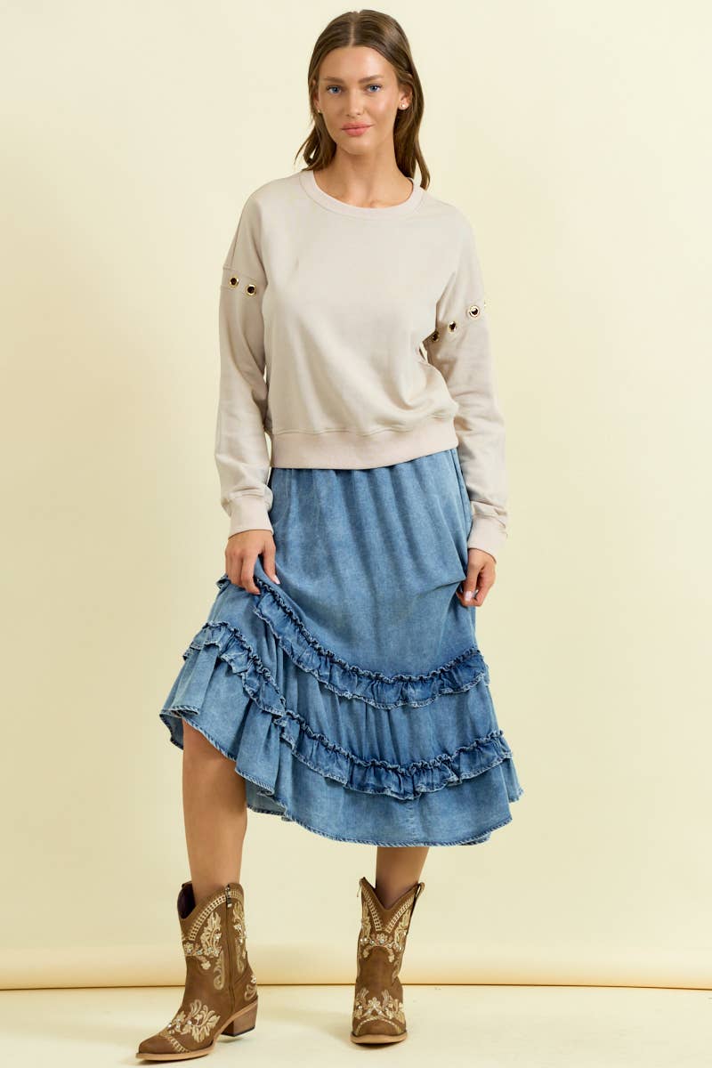 ASYMMETRICAL RUFFLE MIDI SKIRT - DENIM / M