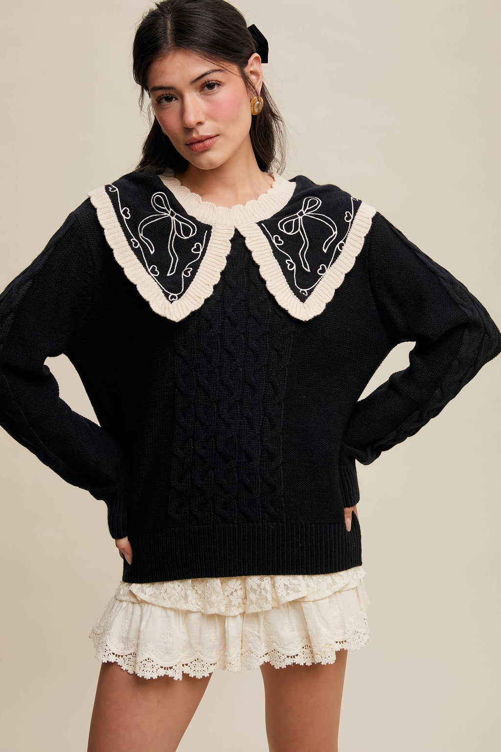 Bow Embroidered Cable Knit Sweater, Burgundy