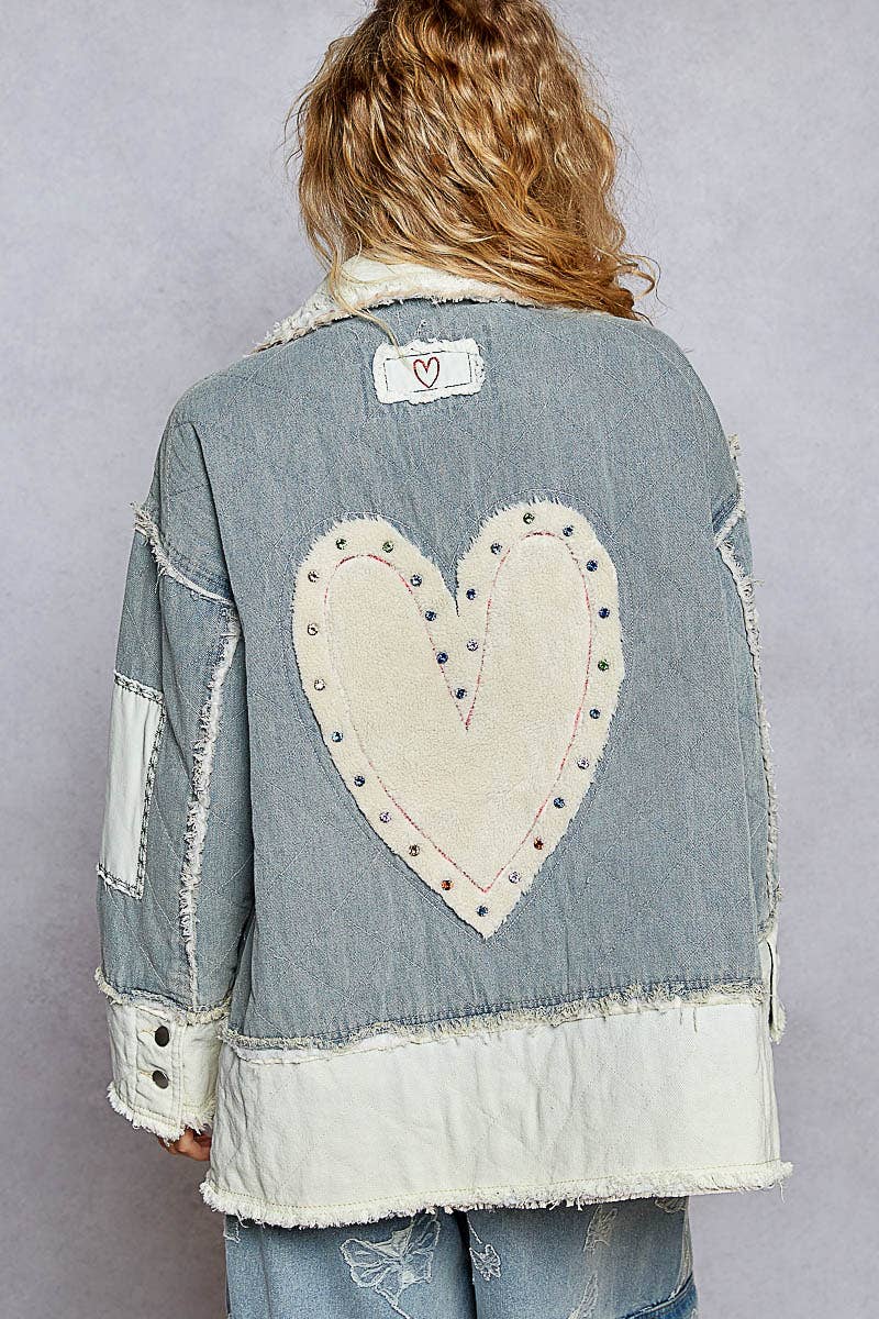 Colorblocked twill patch studded back heart jacket: DENIM / S
