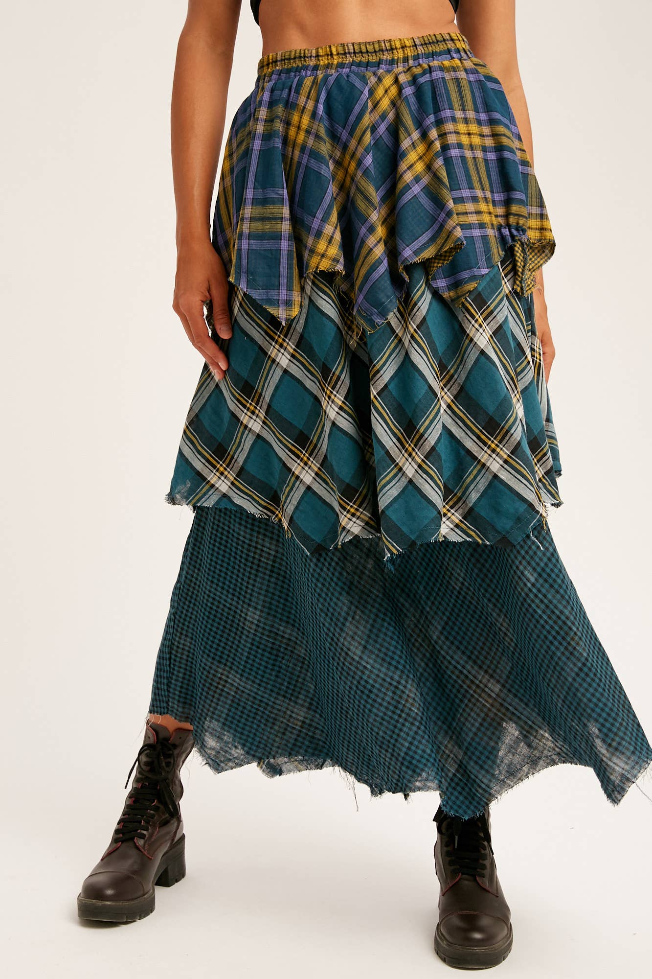 Layered Patchwork Plaid Maxi Skirt