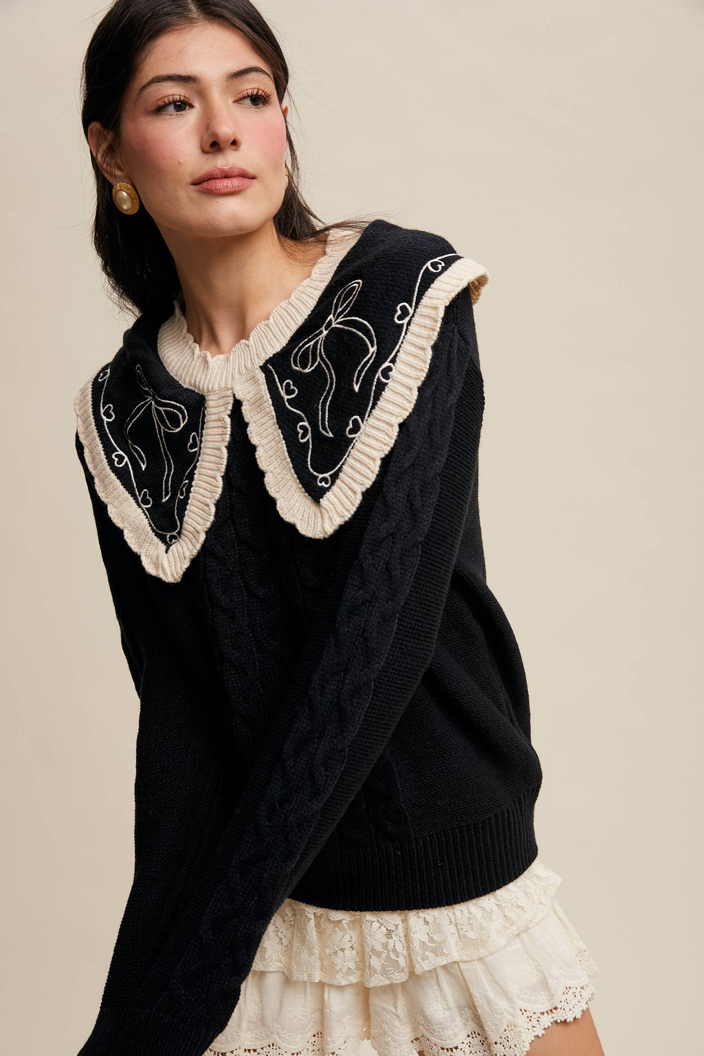 Bow Embroidered Cable Knit Sweater, Burgundy