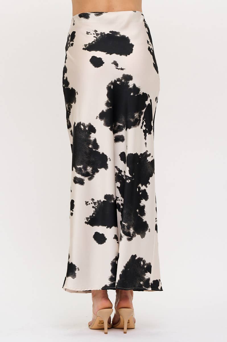Made in USA Cow Print Maxi Skirt with Elastic Waist: Black / M