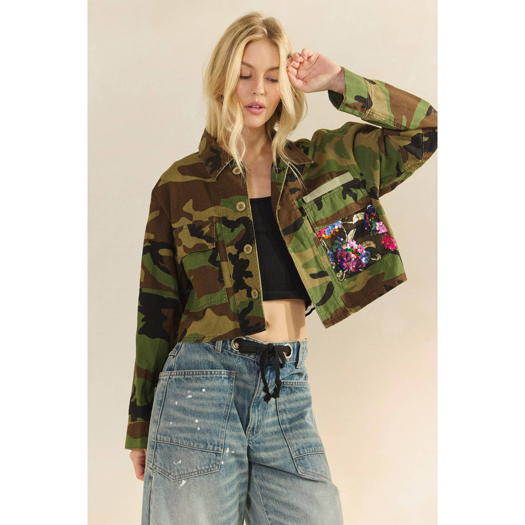 Camo Sequins Contrast Jacket: Camo Floral / M