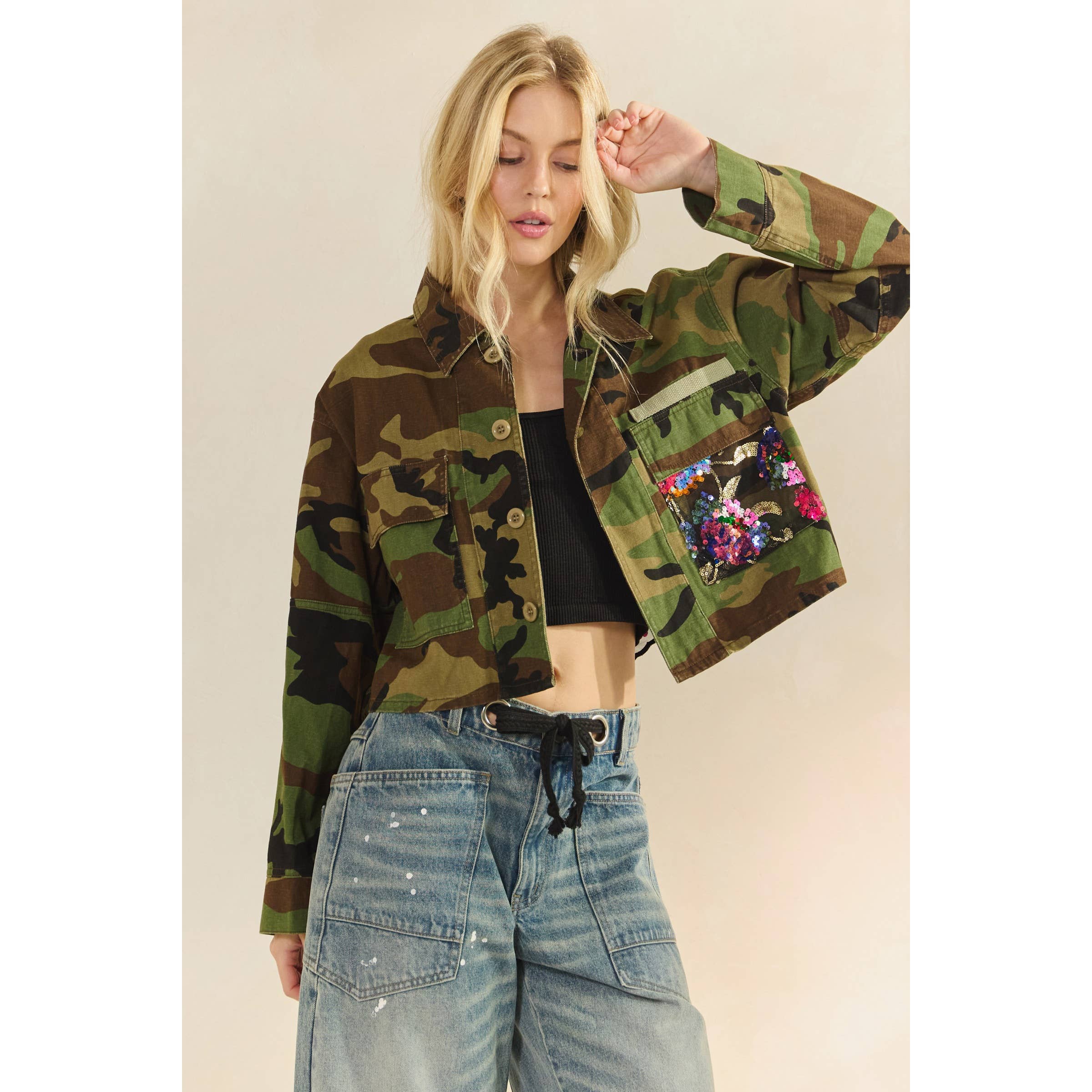 Camo Sequins Contrast Jacket: Camo Floral / M