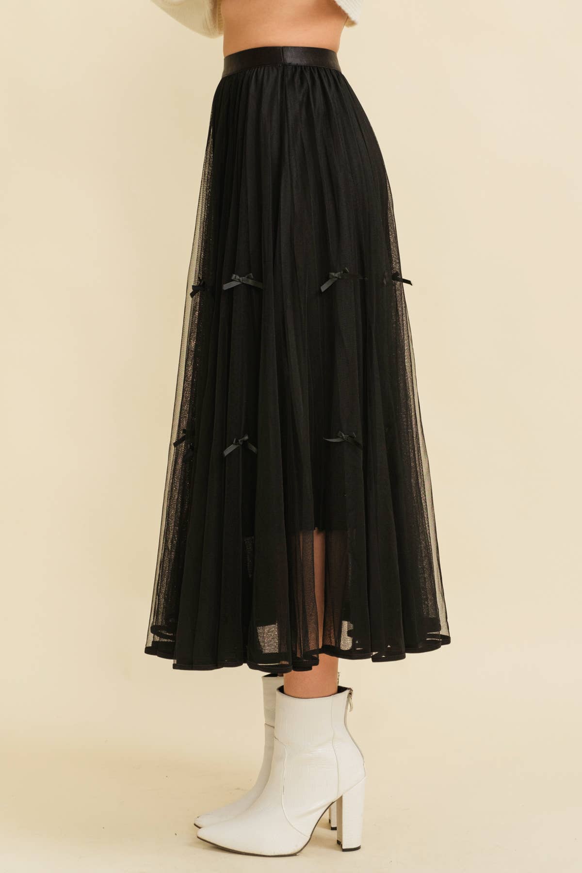 CS13400K - RIBBON DETAIL MESH MAXI SKIRT: Cream / L