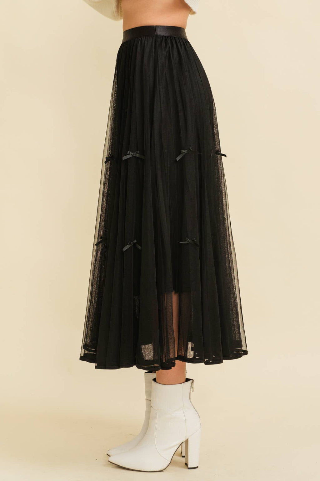 CS13400K - RIBBON DETAIL MESH MAXI SKIRT: Cream / M