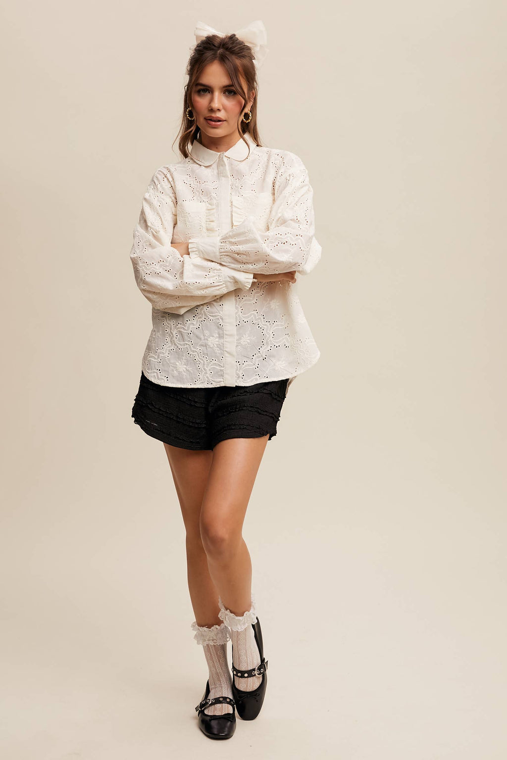 Eyelet Ruffle Pocket Button-Up Blouse Off White