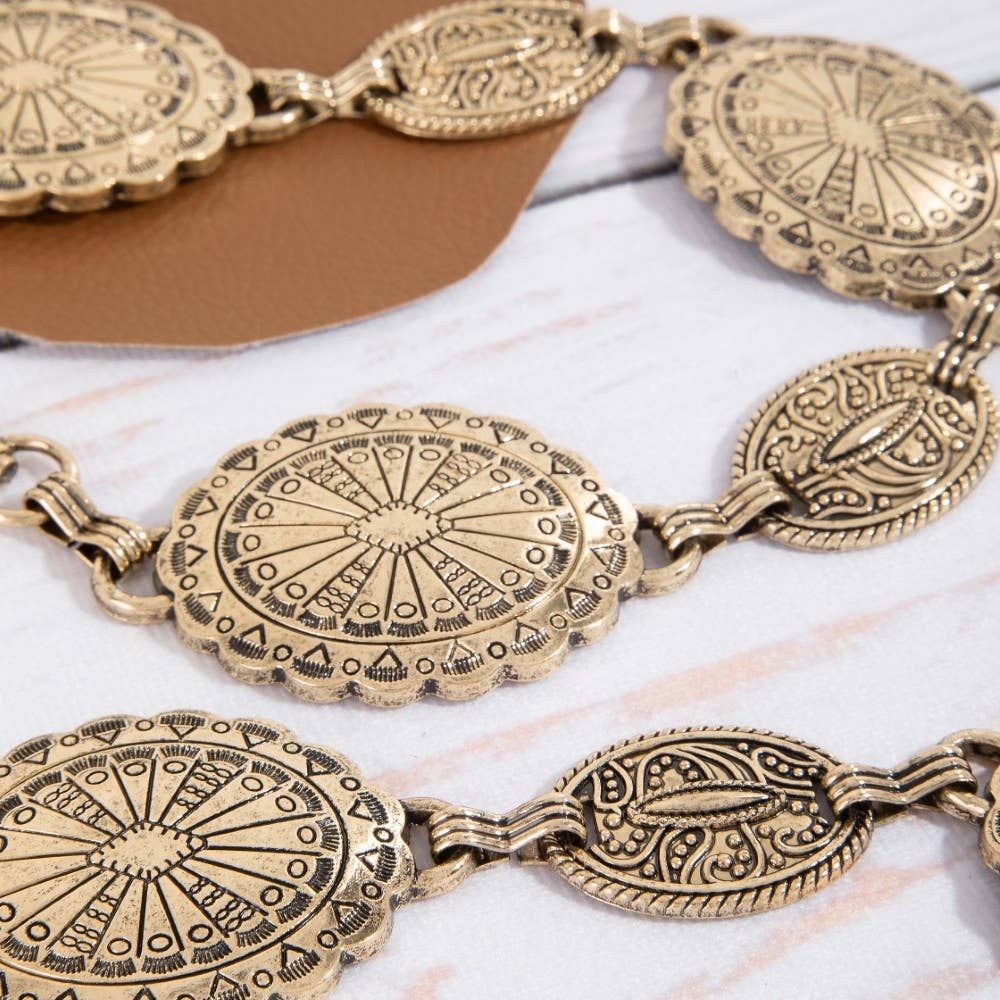 Gold Ornate Oval Western Concho Disc Chain Belt