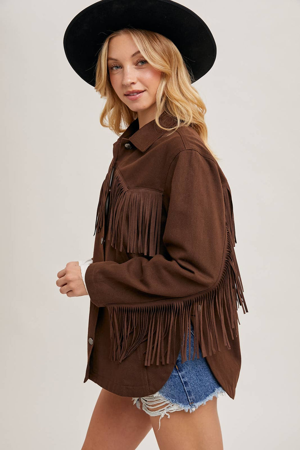 DENIM WESTERN FRINGE BUTTON DOWN JACKET -ESPRESSO / M