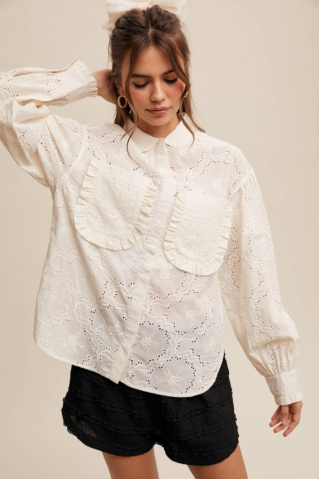 Eyelet Ruffle Pocket Button-Up Blouse Off White