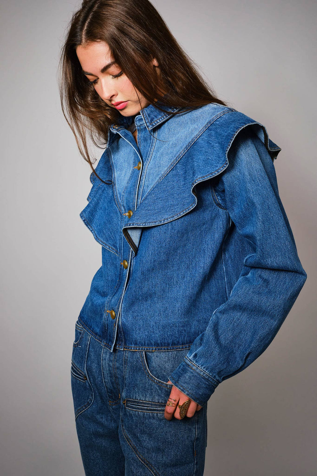 Diagonal Ruffled Denim Jacket