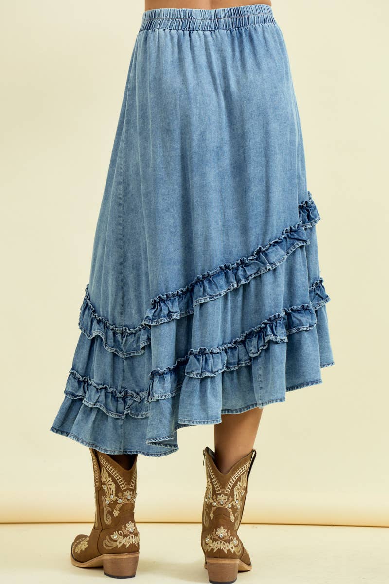 ASYMMETRICAL RUFFLE MIDI SKIRT - DENIM / L