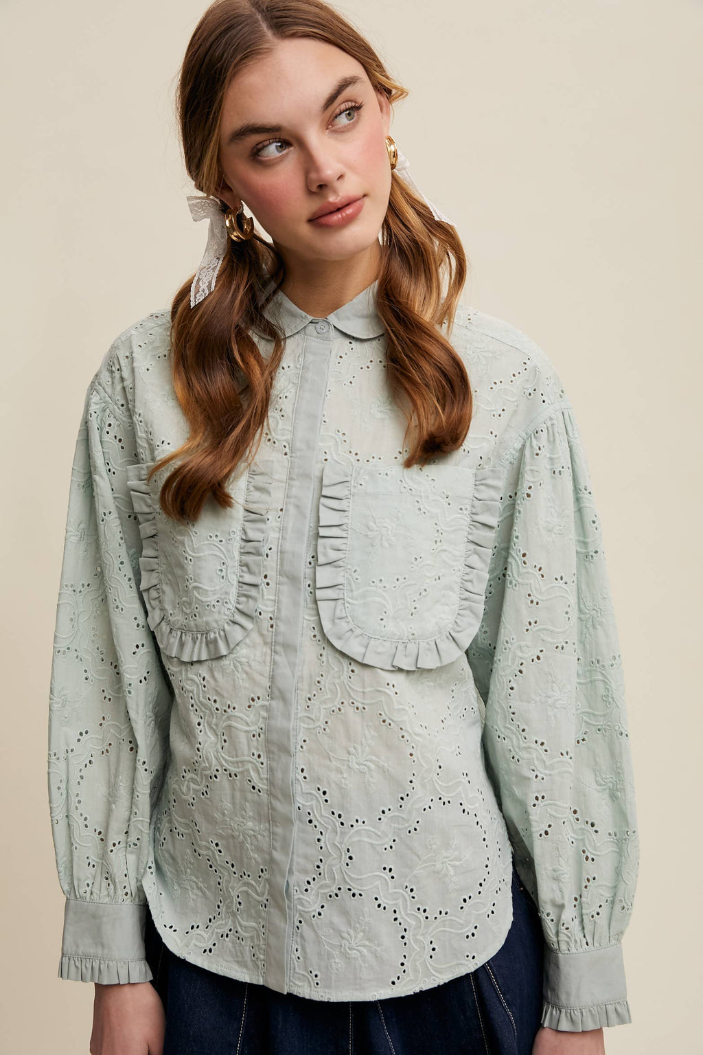 Eyelet Ruffle Pocket Button-Up Blouse Off White