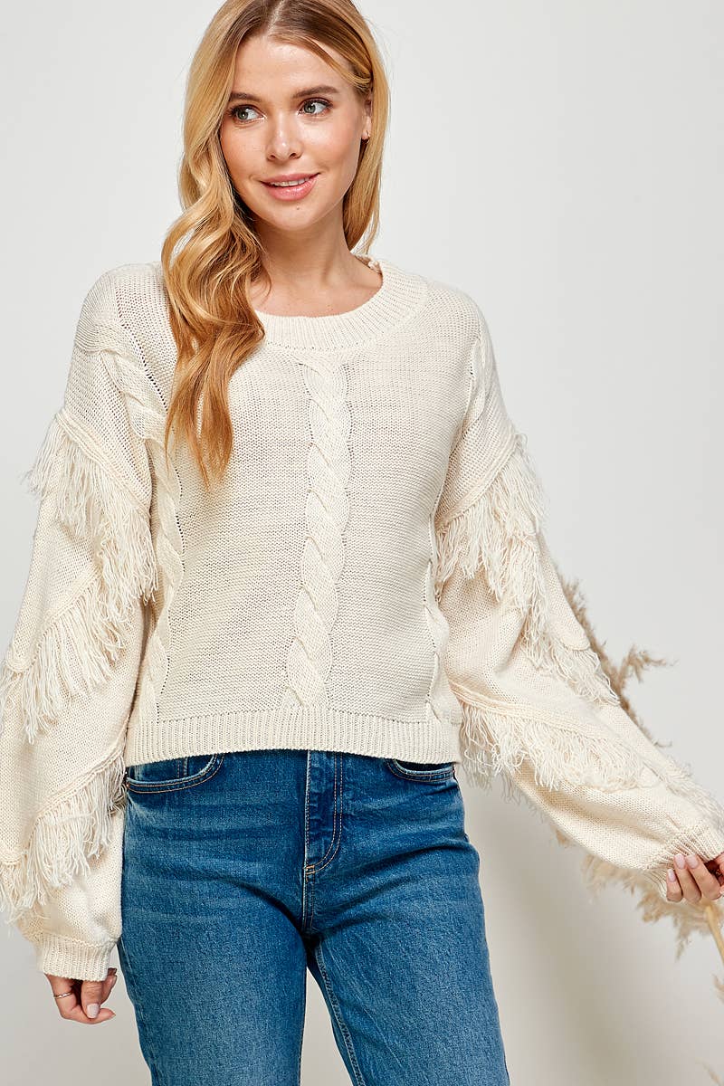 Urban Fringe Sleeve Cable Knit Sweater: Cream