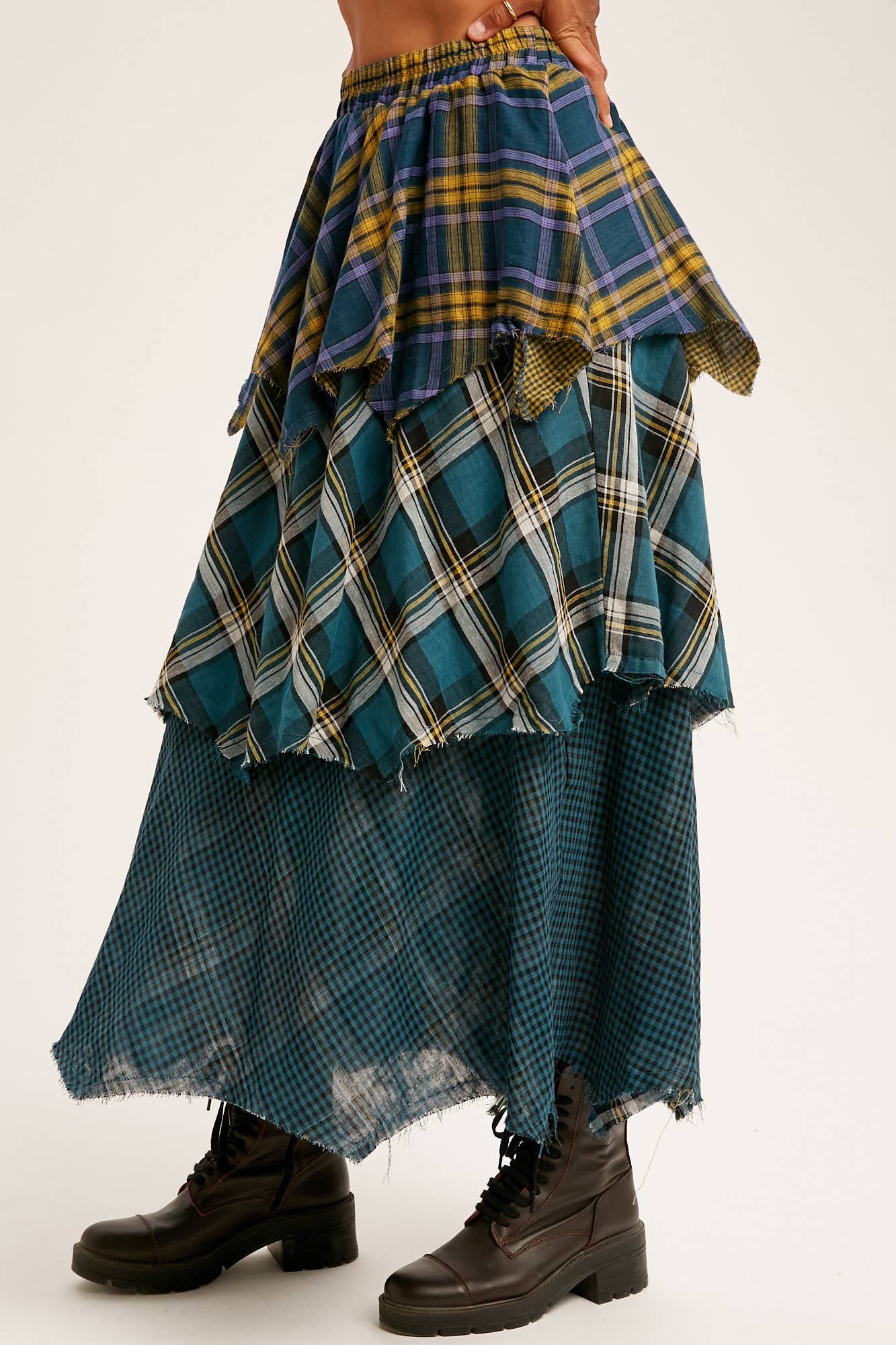 Layered Patchwork Plaid Maxi Skirt