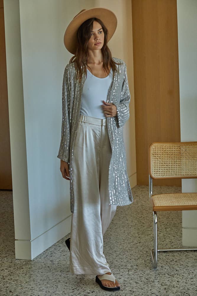 Woven Sequin Open Front Long Sleeve Cardigan: Dove Grey