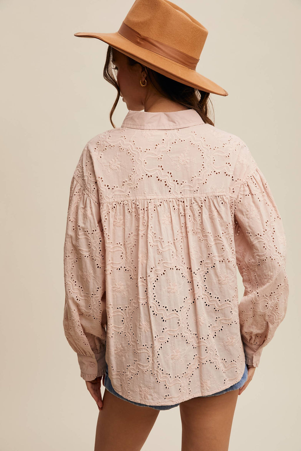 Eyelet Ruffle Pocket Button-Up Blouse Off White