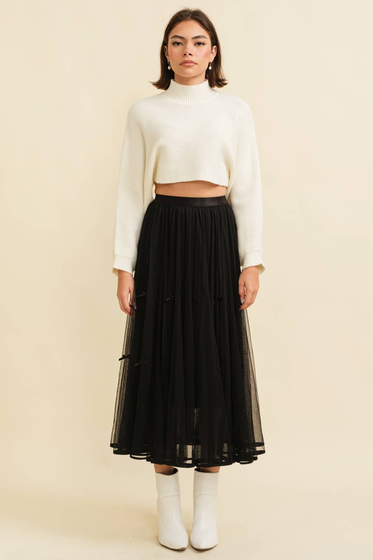 CS13400K - RIBBON DETAIL MESH MAXI SKIRT: Cream / L